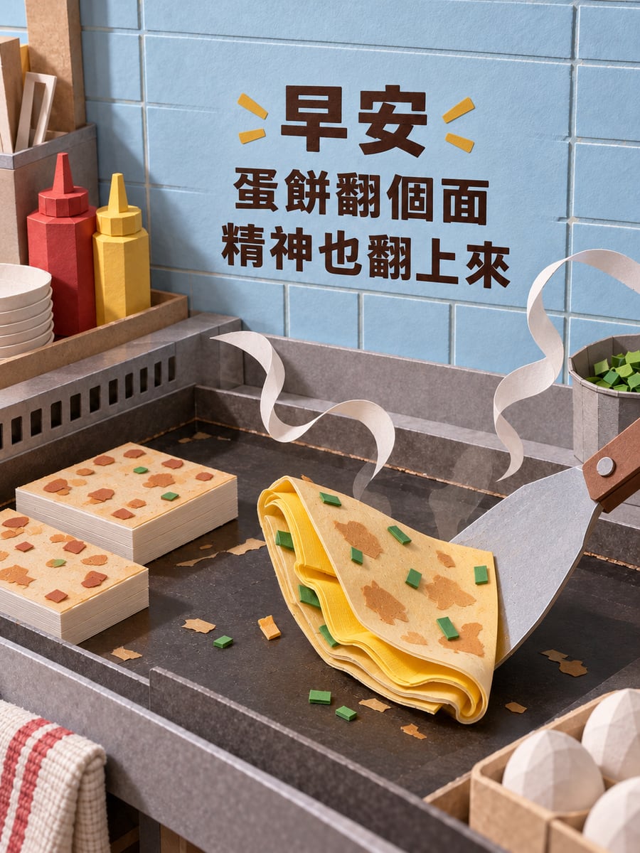 紙雕蛋餅。圖中文字：早安，蛋餅翻個面，精神也翻上來