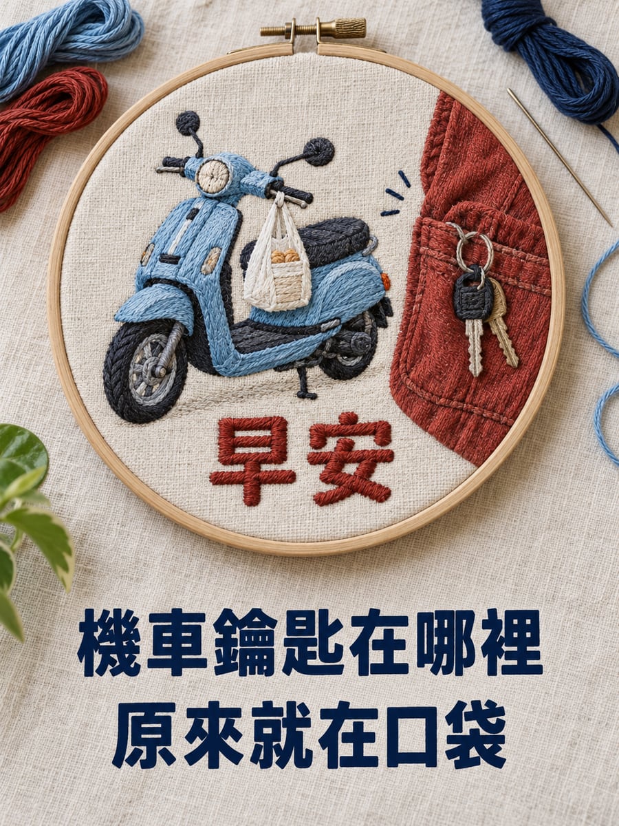 繡框機車。圖中文字：早安，機車鑰匙在哪裡，原來就在口袋