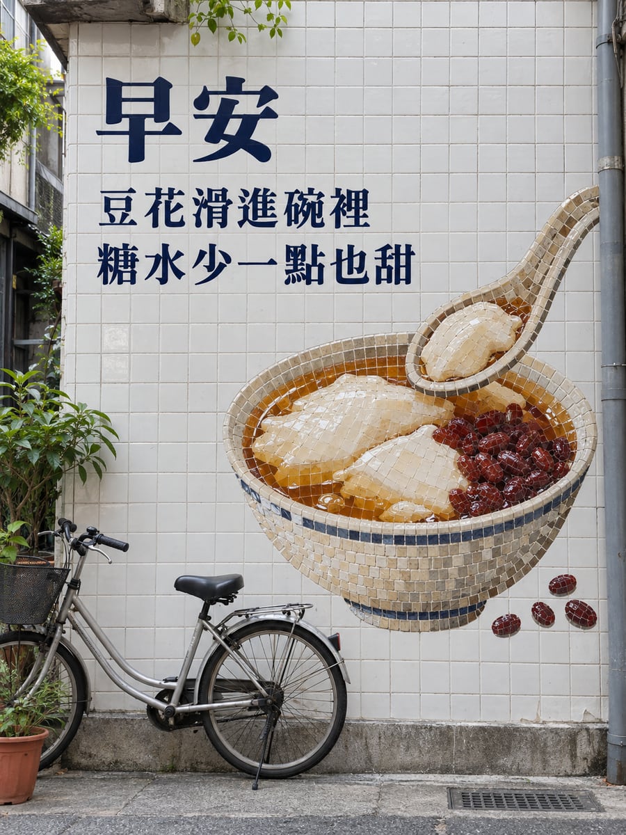 磁磚豆花。圖中文字：早安，豆花滑進碗裡，糖水少一點也甜