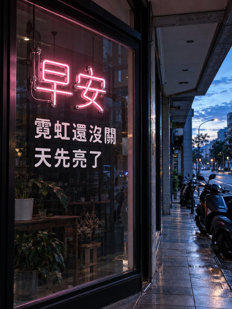 霓虹未關。圖中文字：早安，霓虹還沒關，天先亮了