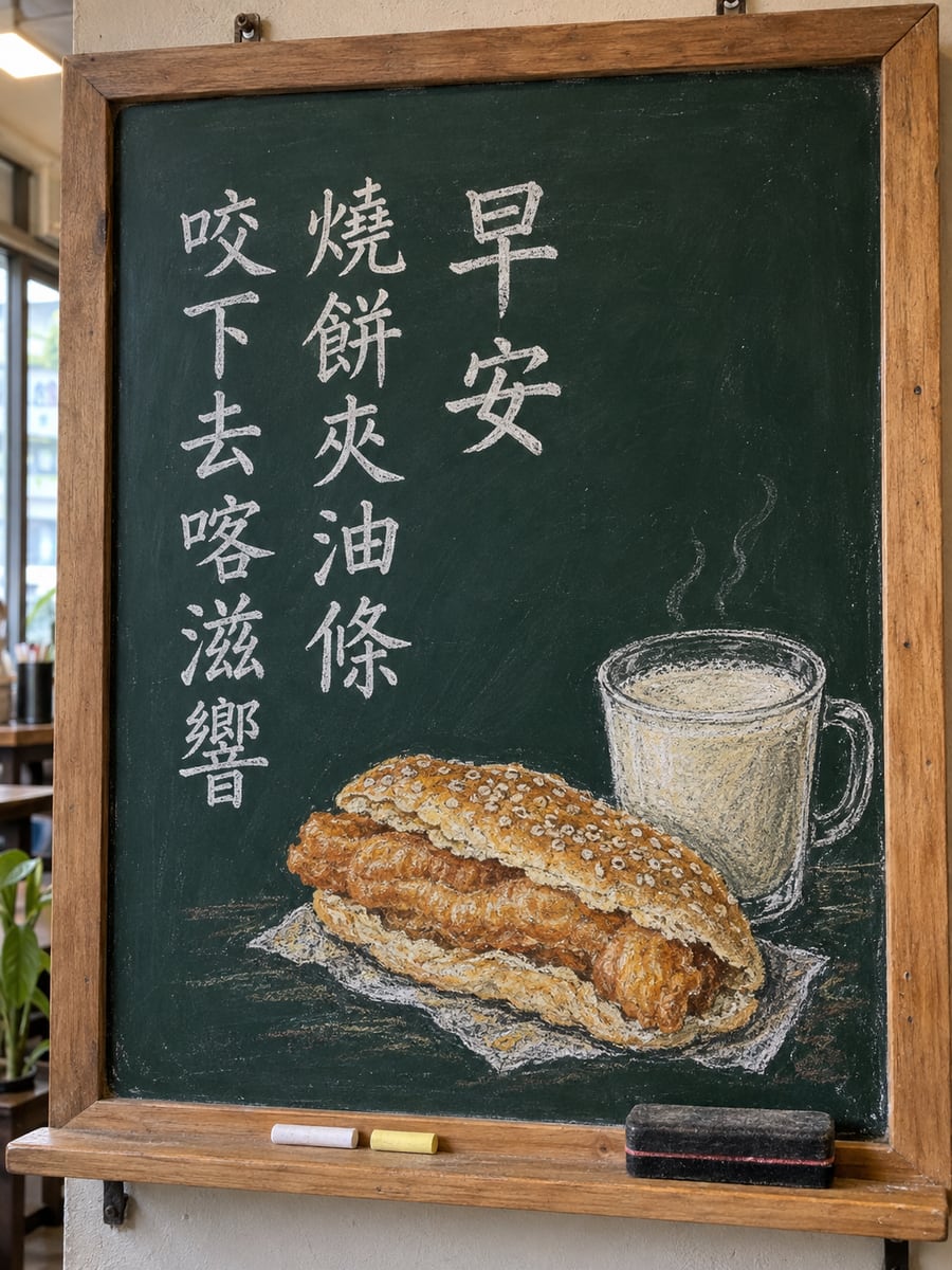 黑板燒餅。圖中文字：早安，燒餅夾油條，咬下去喀滋響