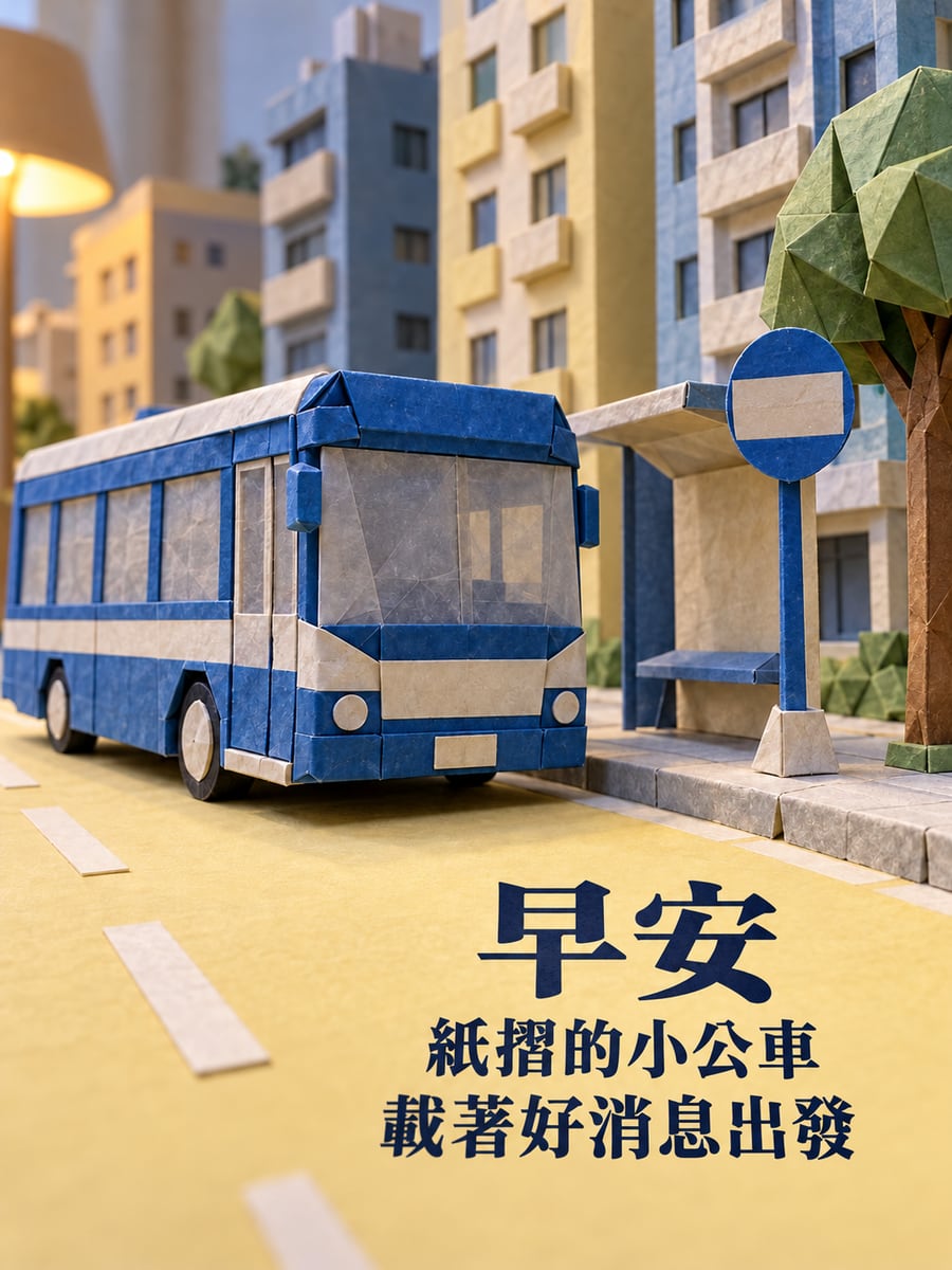 摺紙公車。圖中文字：早安，紙摺的小公車，載著好消息出發