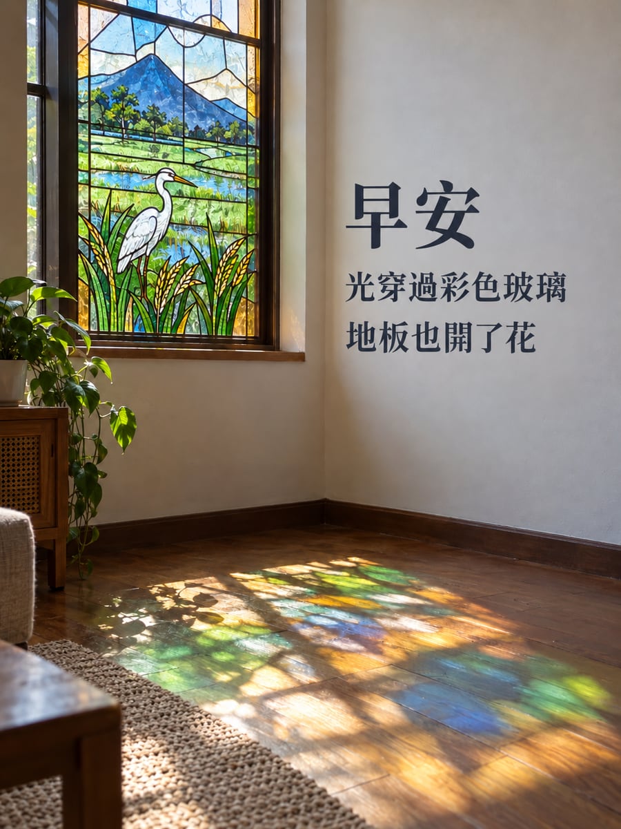 彩繪玻璃。圖中文字：早安，光穿過彩色玻璃，地板也開了花