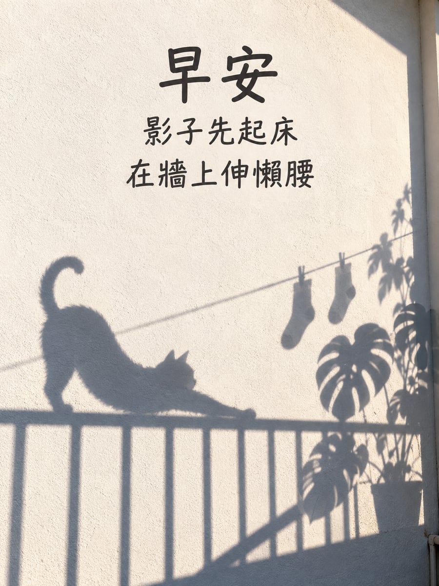 影子伸懶腰。圖中文字：早安，影子先起床，在牆上伸懶腰