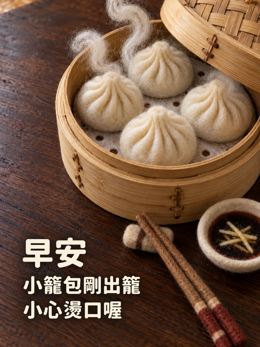 羊毛氈小籠包。圖中文字：早安，小籠包剛出籠，小心燙口喔