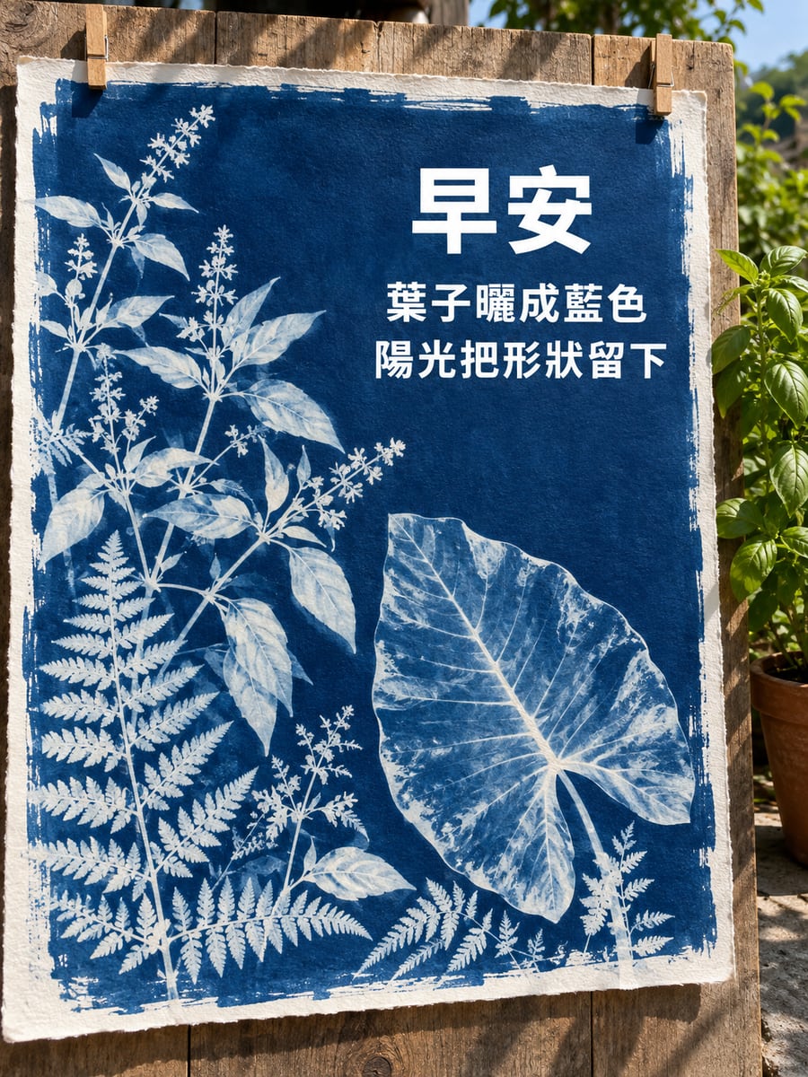 藍曬葉影。圖中文字：早安，葉子曬成藍色，陽光把形狀留下