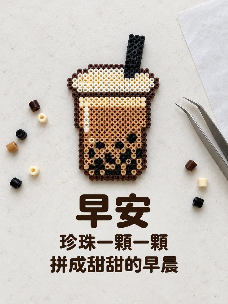 拼豆奶茶。圖中文字：早安，珍珠一顆一顆，拼成甜甜的早晨