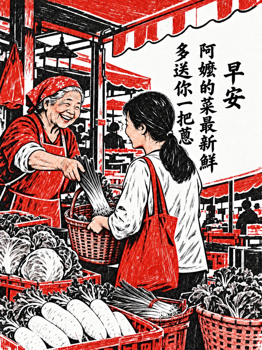 版畫菜攤。圖中文字：早安，阿嬤的菜最新鮮，多送你一把蔥