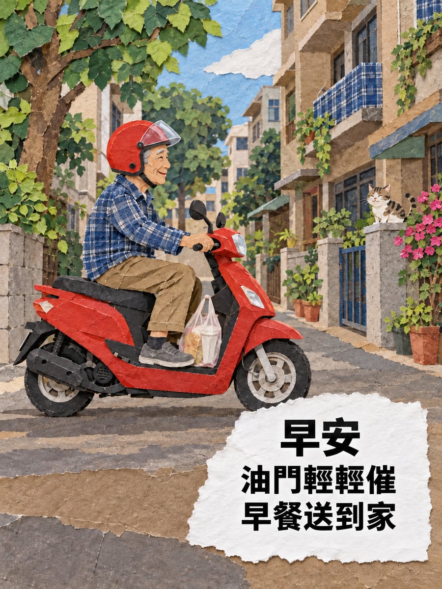 拼貼送早餐。圖中文字：早安，油門輕輕催，早餐送到家