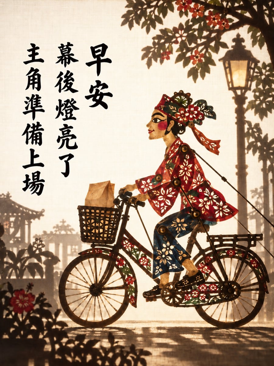皮影出場。圖中文字：早安，幕後燈亮了，主角準備上場