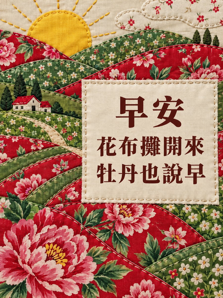 花布說早。圖中文字：早安，花布攤開來，牡丹也說早