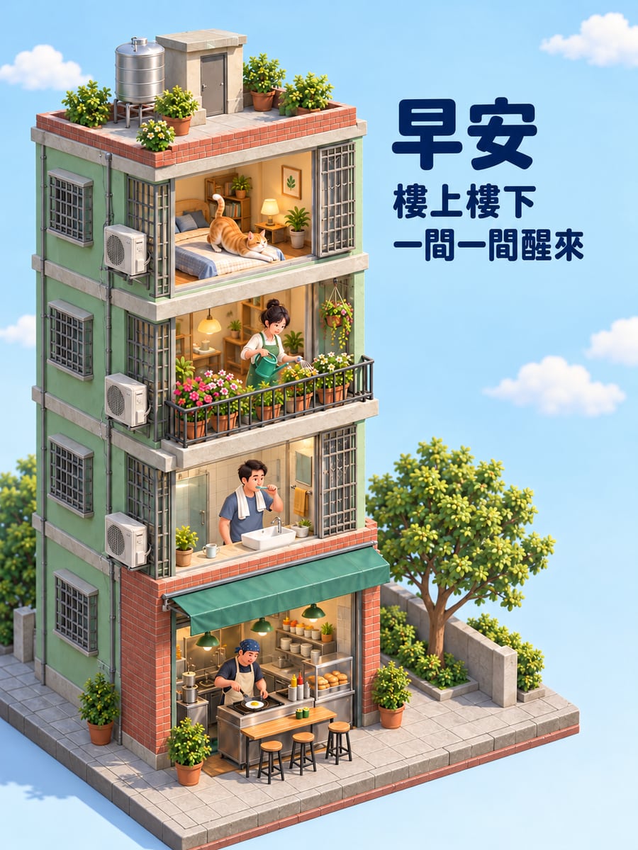 整棟醒來。圖中文字：早安，樓上樓下，一間一間醒來