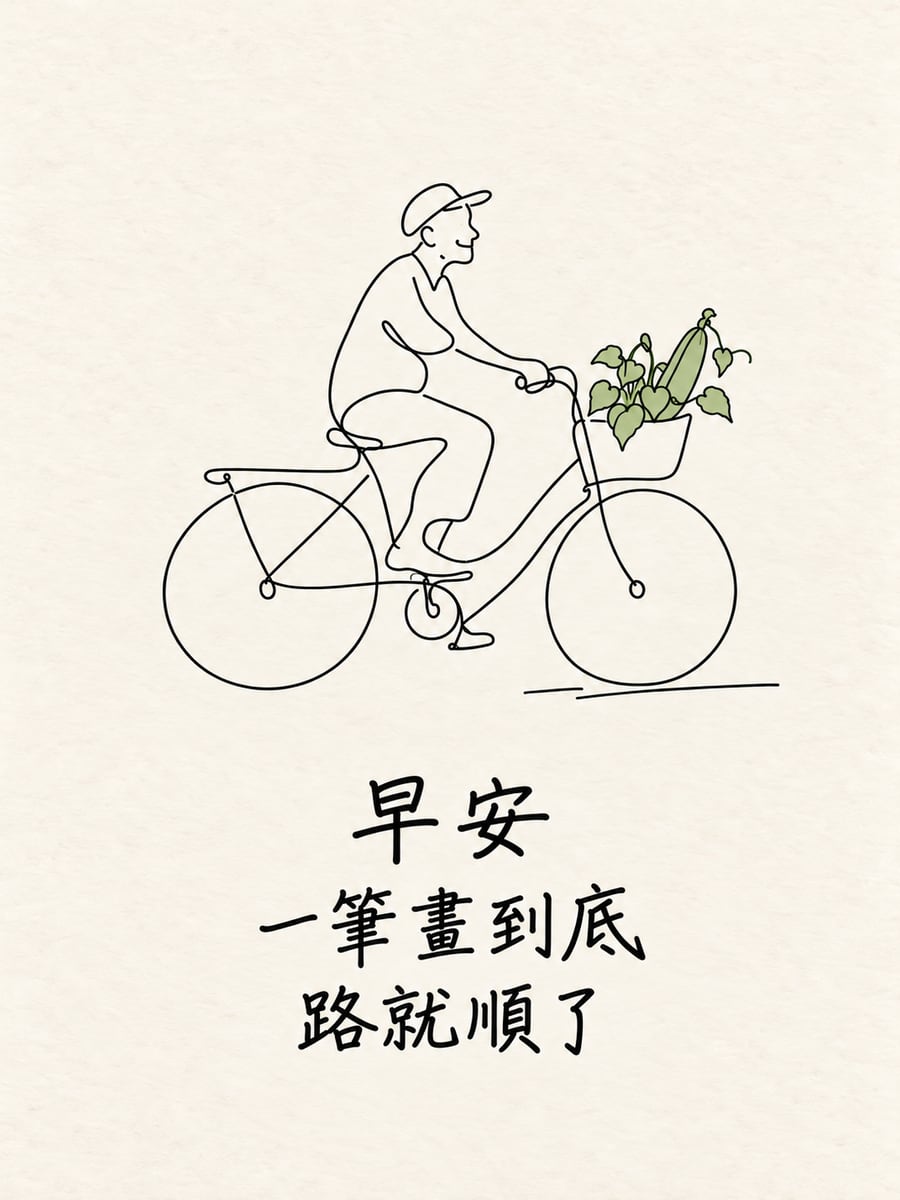 一筆畫阿公。圖中文字：早安，一筆畫到底，路就順了