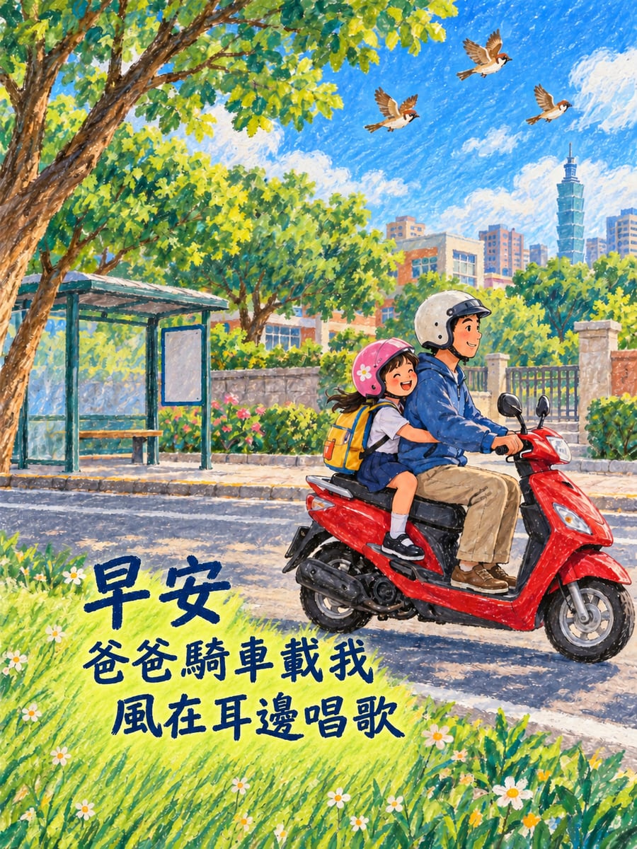 爸爸載我。圖中文字：早安，爸爸騎車載我，風在耳邊唱歌