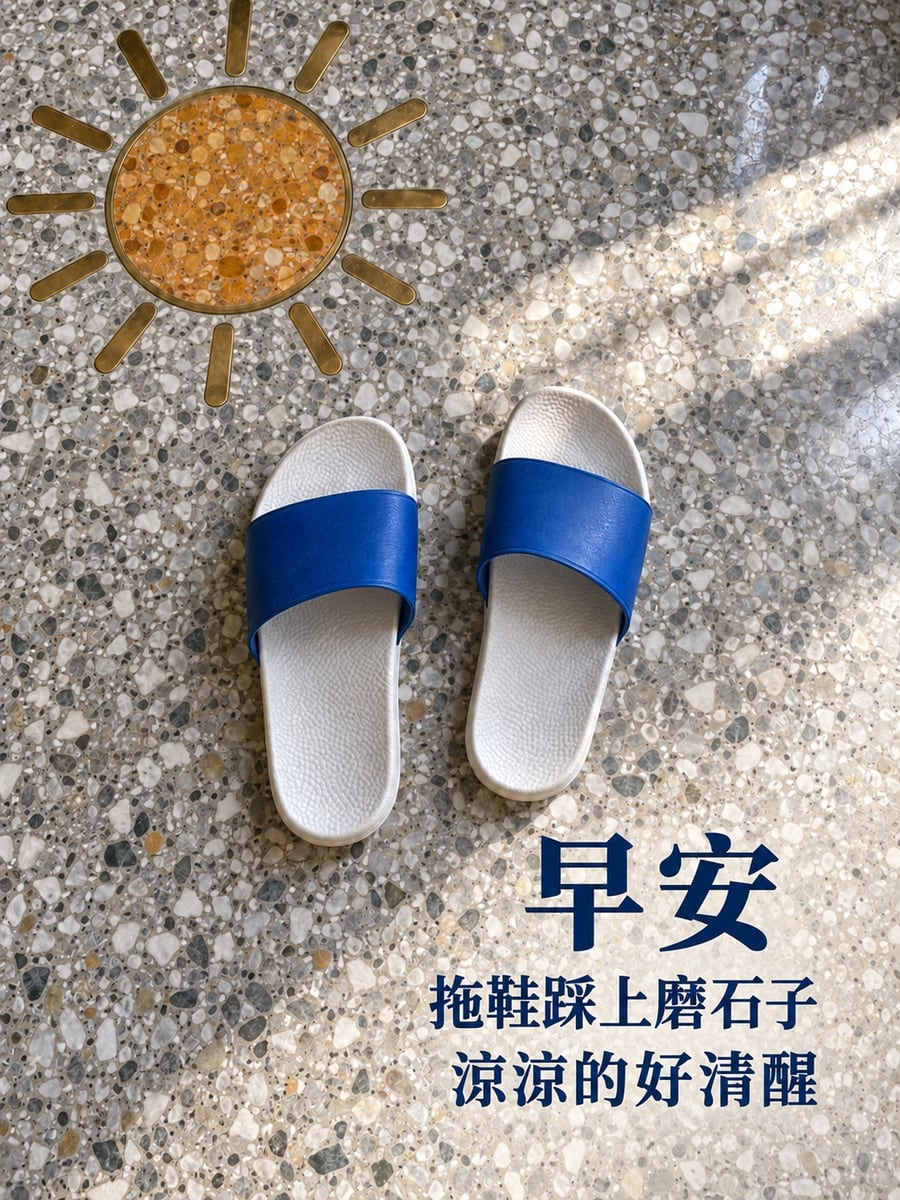 磨石子太陽。圖中文字：早安，拖鞋踩上磨石子，涼涼的好清醒