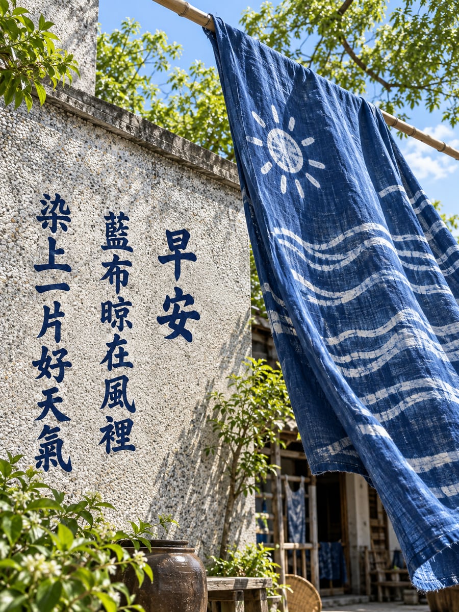 藍染晾布。圖中文字：早安，藍布晾在風裡，染上一片好天氣