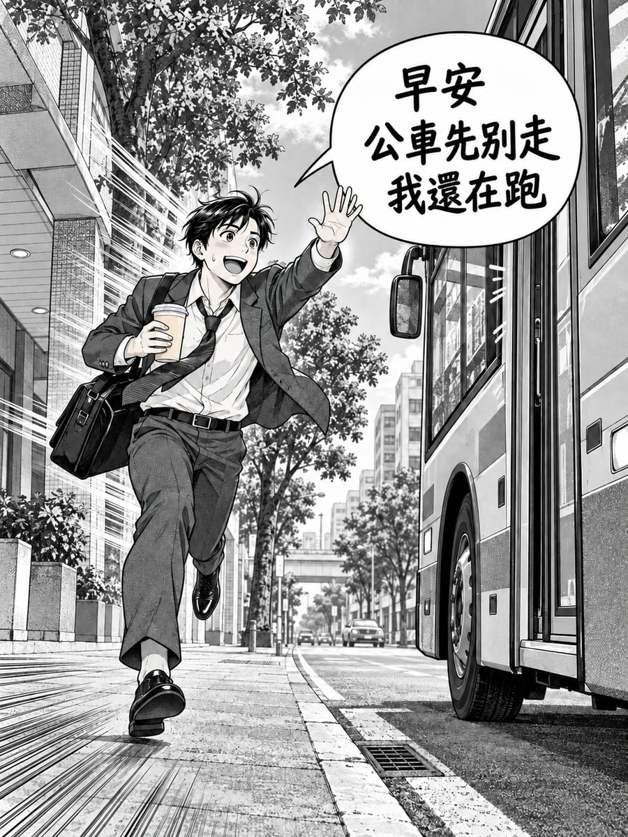 追公車。圖中文字：早安，公車先別走，我還在跑