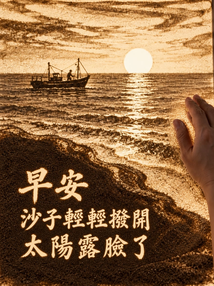 沙畫日出。圖中文字：早安，沙子輕輕撥開，太陽露臉了