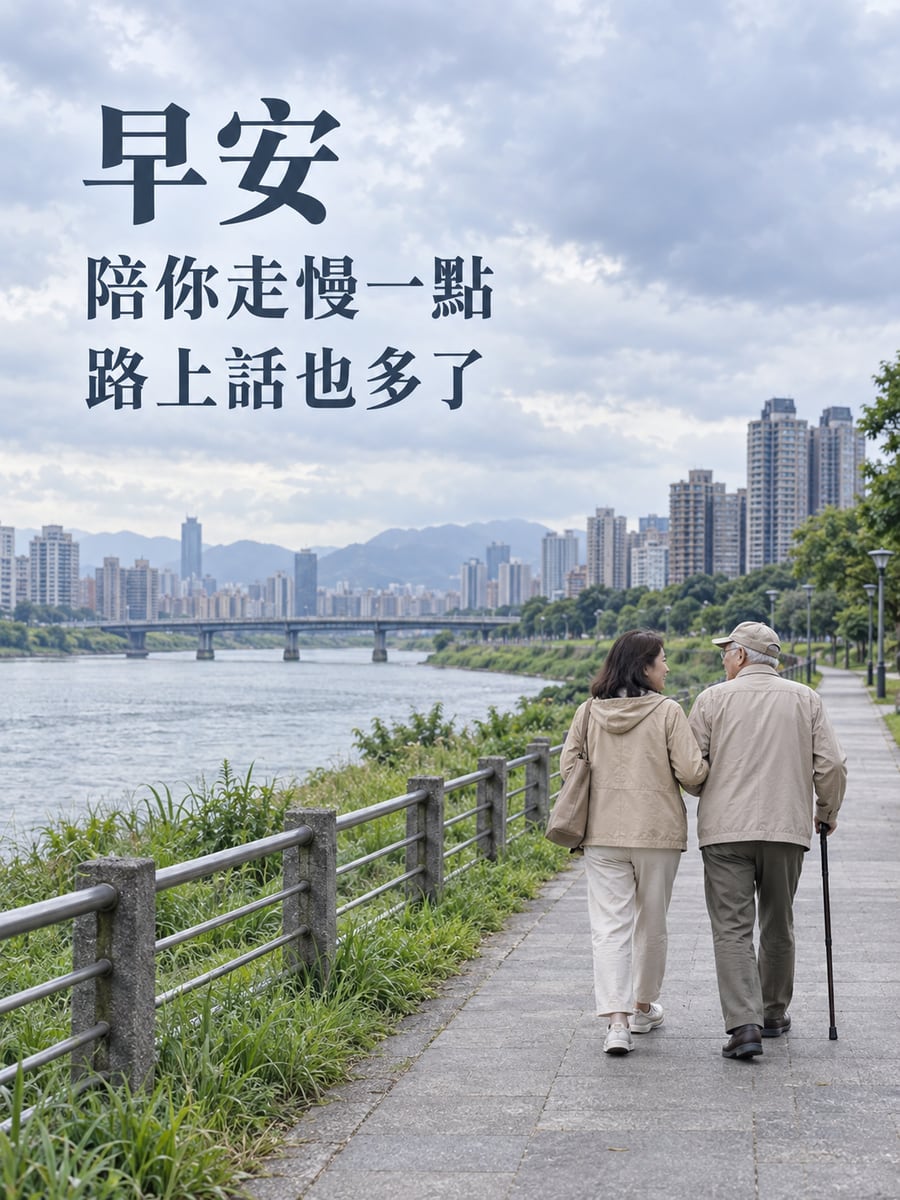 陪你走慢一點。圖中文字：早安，陪你走慢一點，路上話也多了