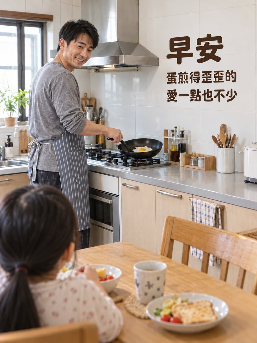 蛋煎得歪歪的。圖中文字：早安，蛋煎得歪歪的，愛一點也不少