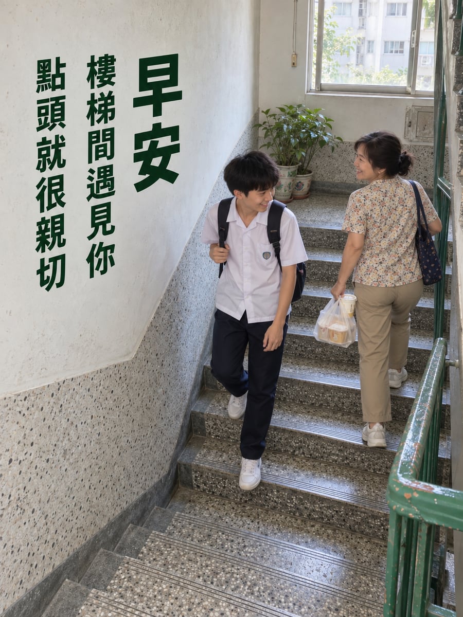 樓梯間遇見你。圖中文字：早安，樓梯間遇見你，點頭就很親切