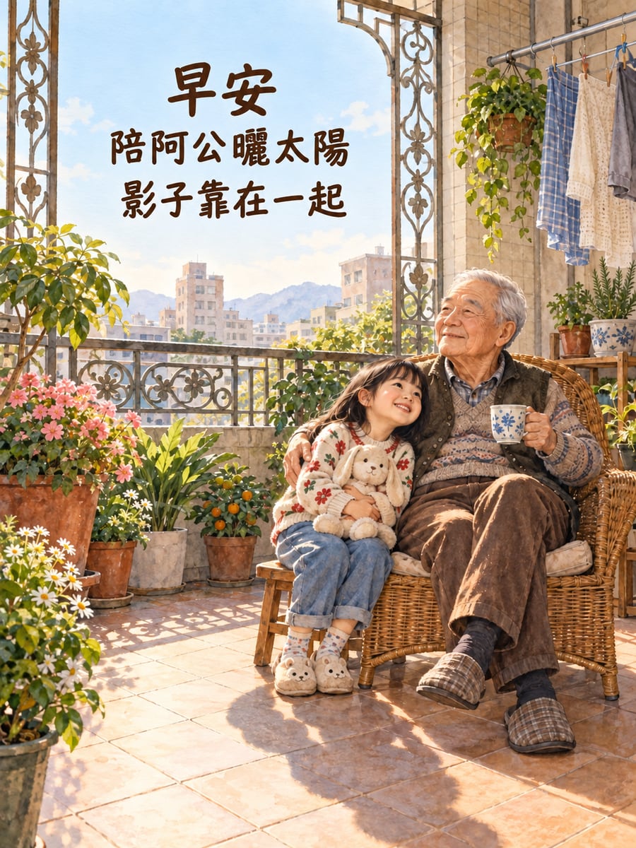 陪阿公曬太陽。圖中文字：早安，陪阿公曬太陽，影子靠在一起