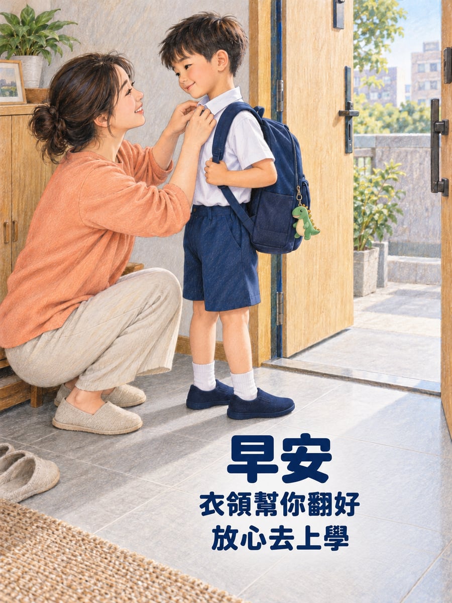 衣領幫你翻好。圖中文字：早安，衣領幫你翻好，放心去上學