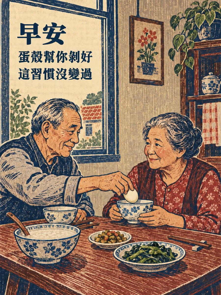 蛋殼幫你剝好。圖中文字：早安，蛋殼幫你剝好，這習慣沒變過