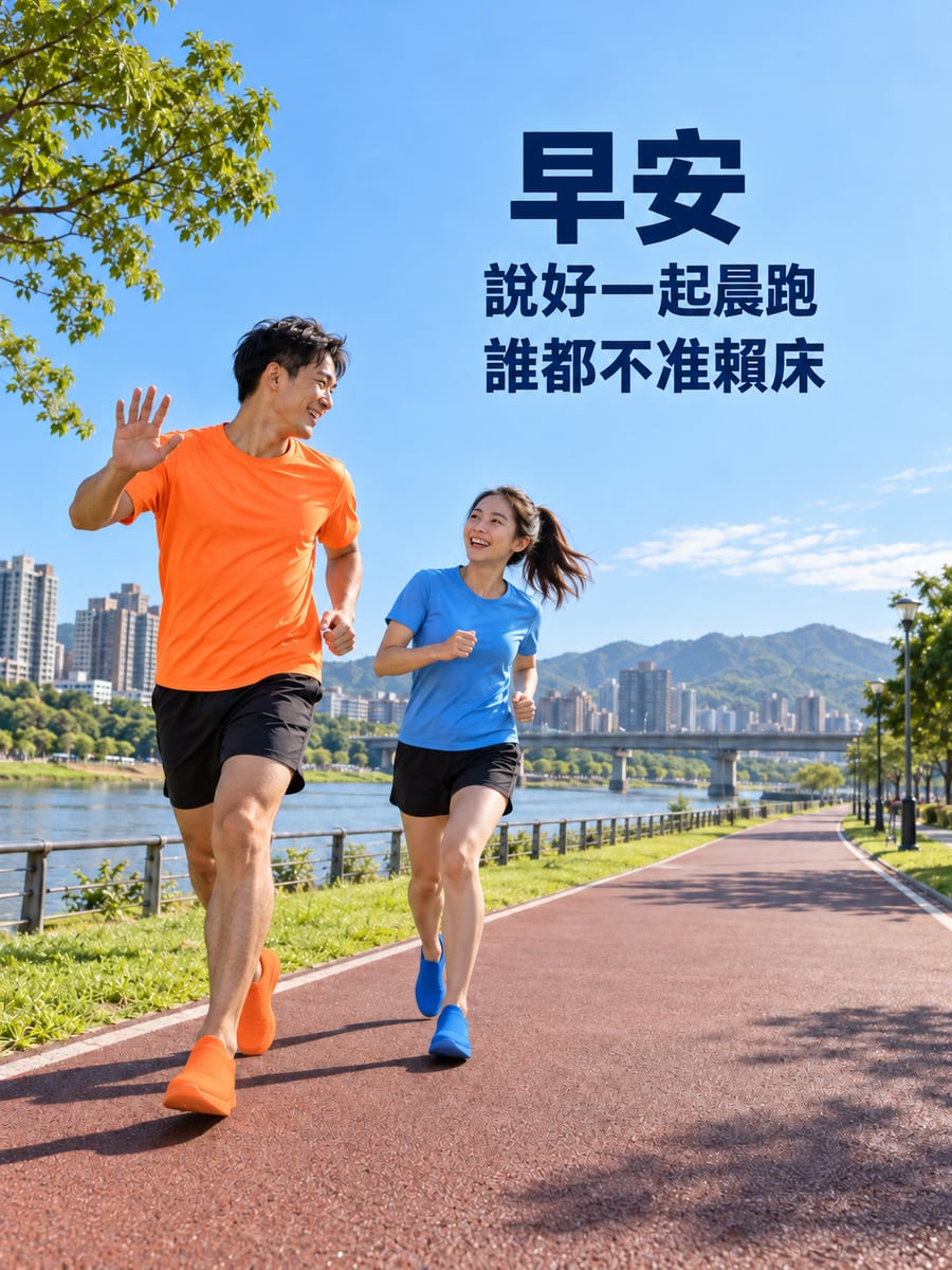 說好一起晨跑。圖中文字：早安，說好一起晨跑，誰都不准賴床