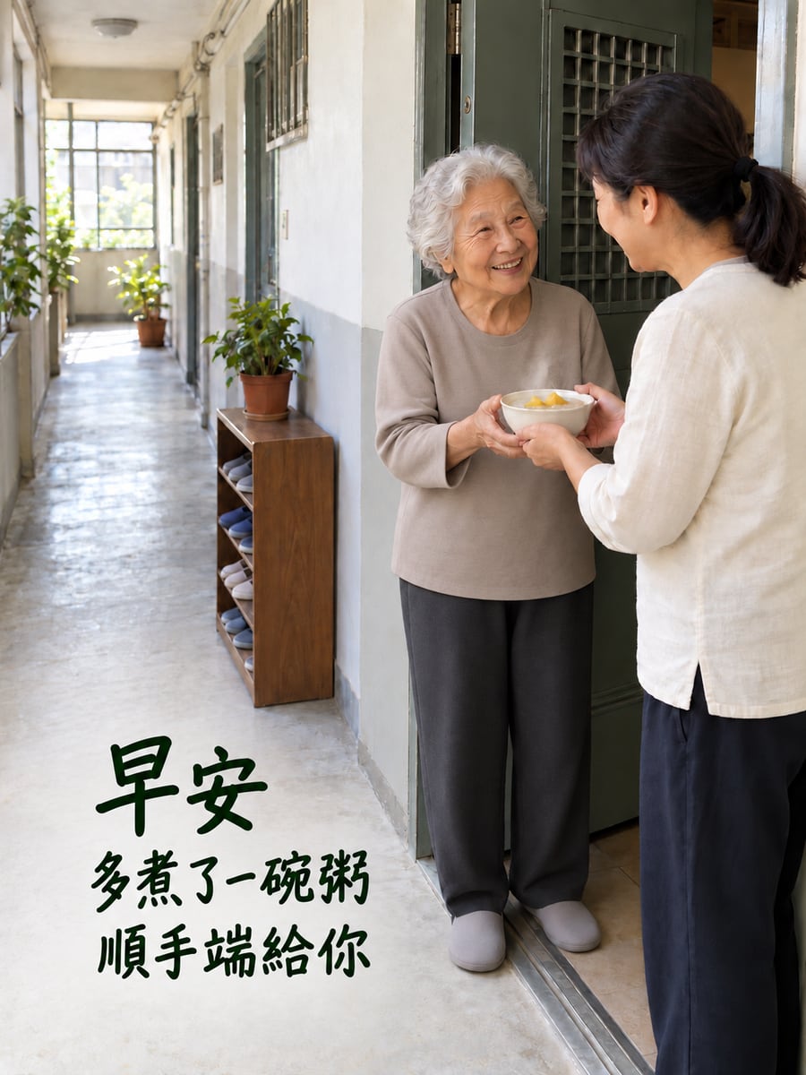 多煮了一碗粥。圖中文字：早安，多煮了一碗粥，順手端給你