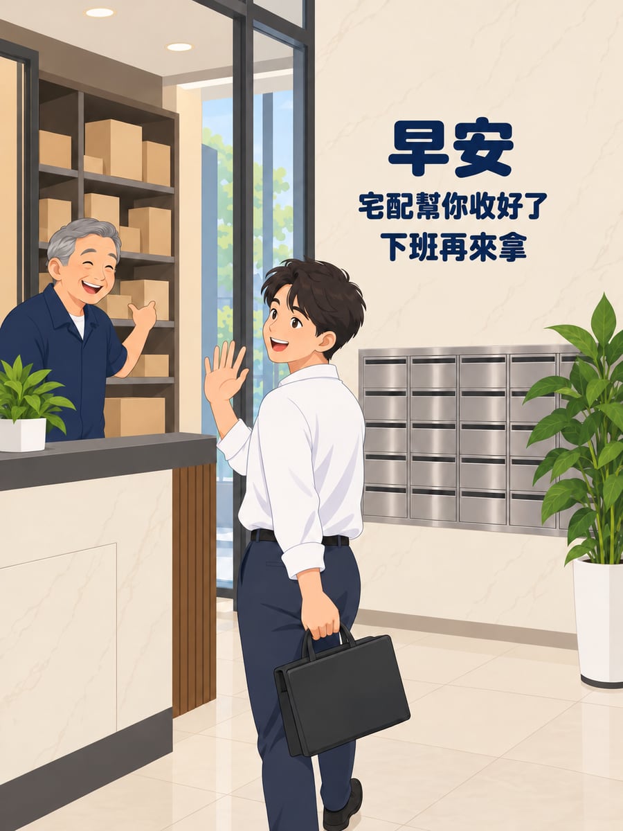 宅配幫你收好了。圖中文字：早安，宅配幫你收好了，下班再來拿