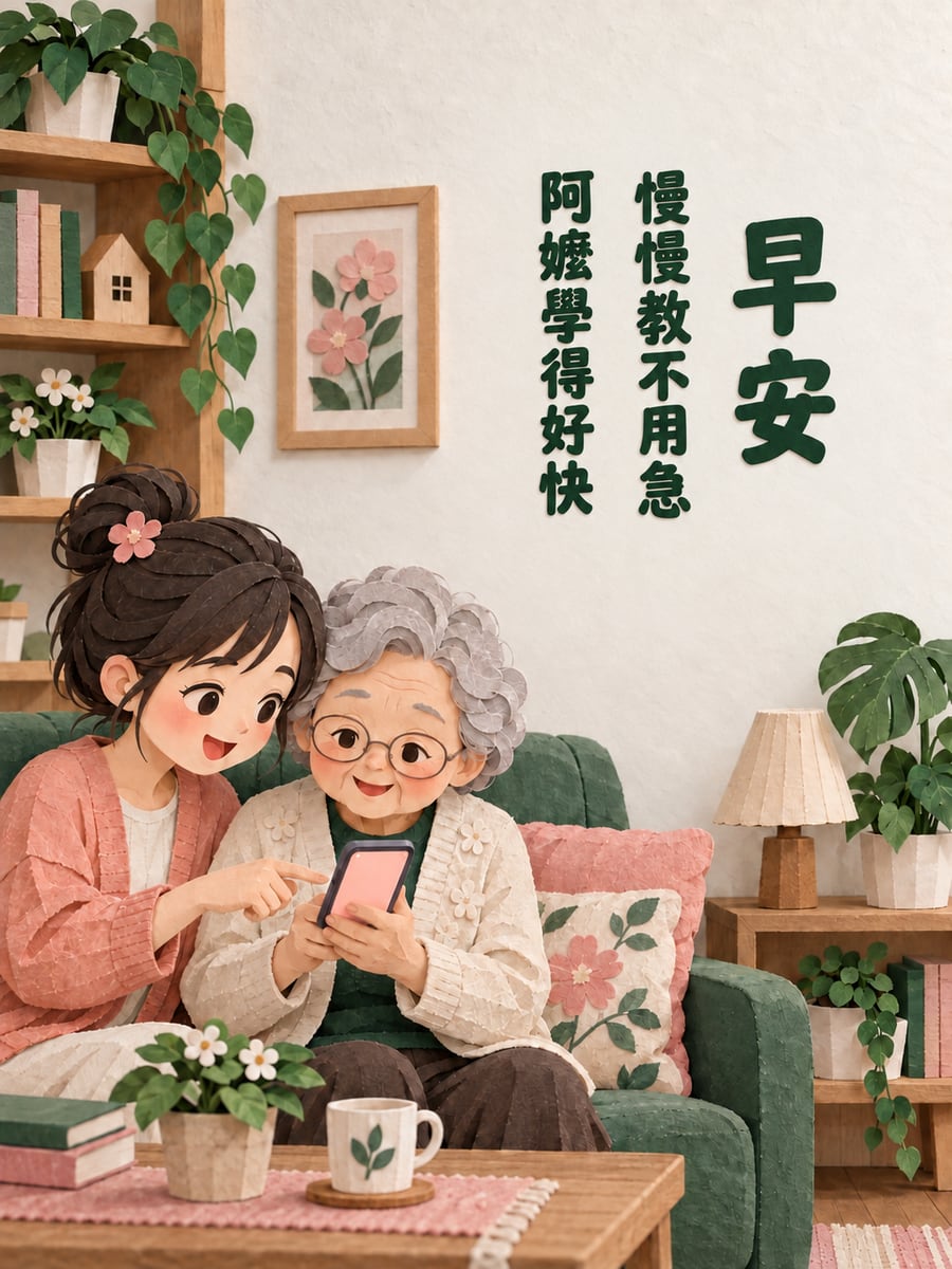 慢慢教不用急。圖中文字：早安，慢慢教不用急，阿嬤學得好快