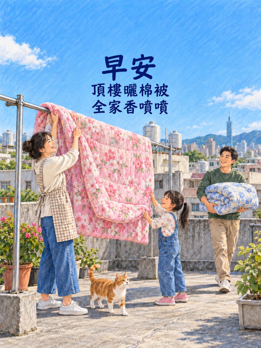 頂樓曬棉被。圖中文字：早安，頂樓曬棉被，全家香噴噴
