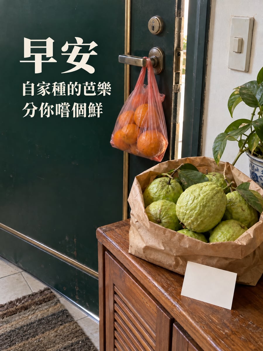 自家種的芭樂。圖中文字：早安，自家種的芭樂，分你嚐個鮮