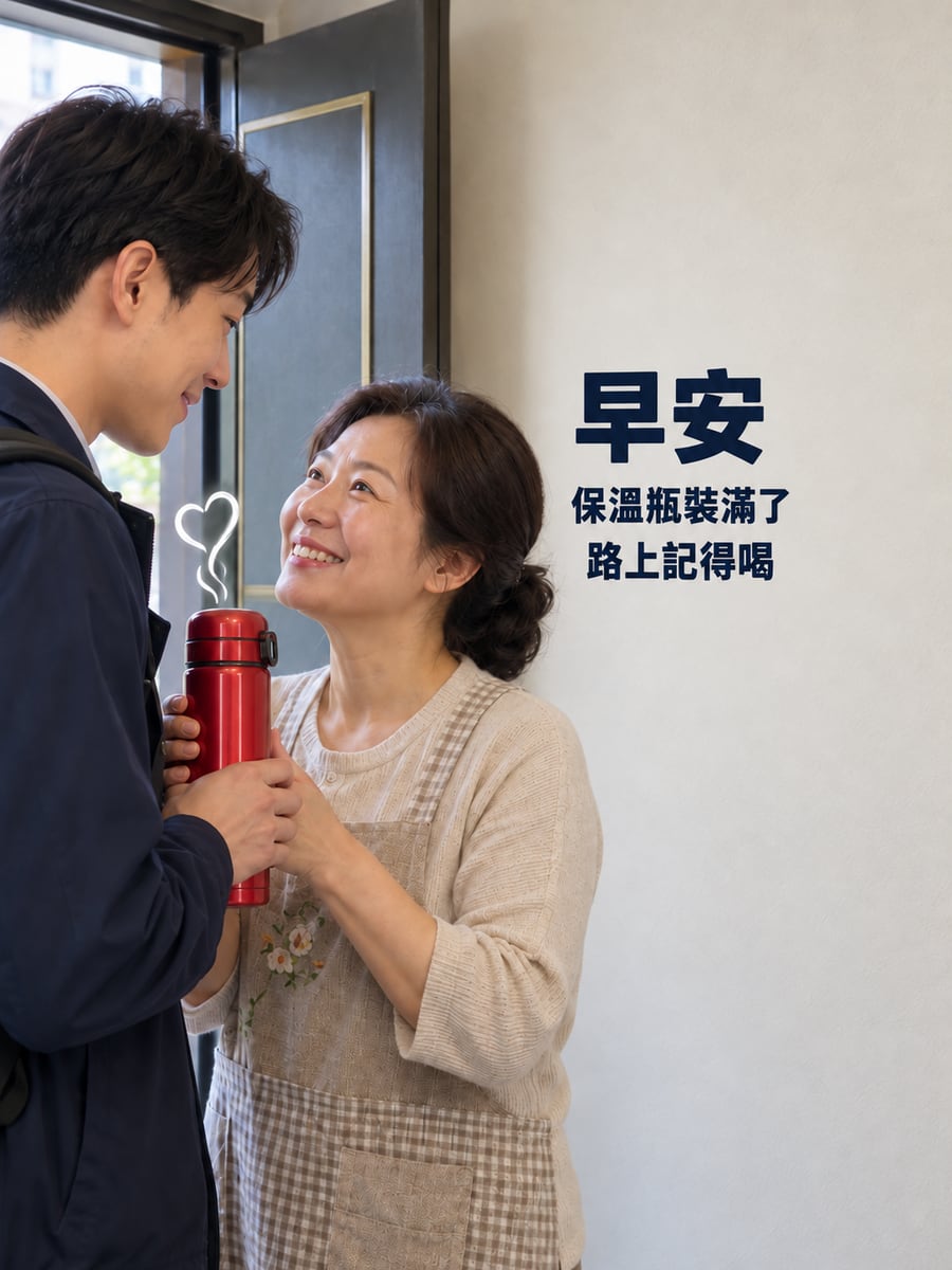保溫瓶裝滿了。圖中文字：早安，保溫瓶裝滿了，路上記得喝