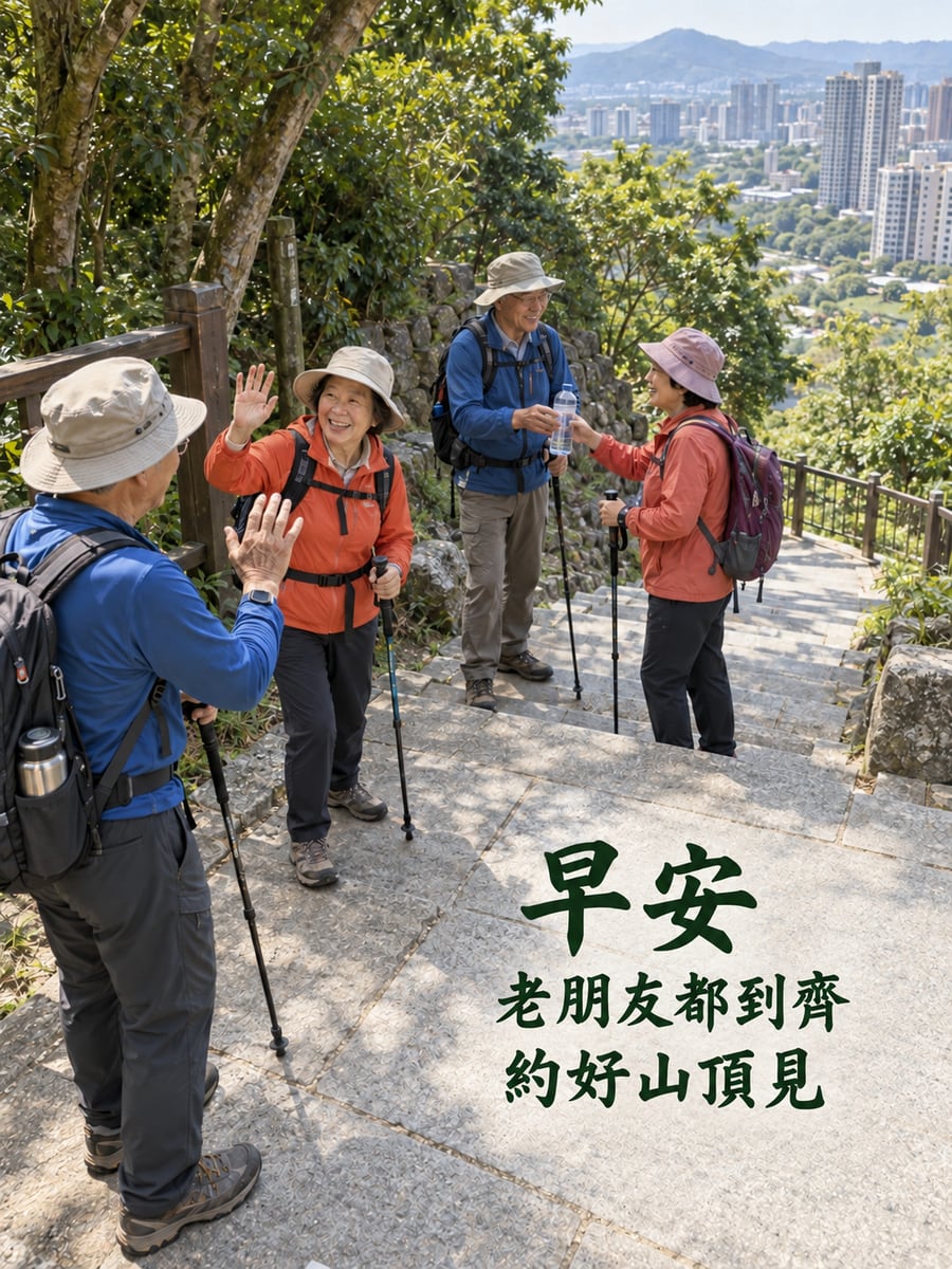 老朋友都到齊。圖中文字：早安，老朋友都到齊，約好山頂見