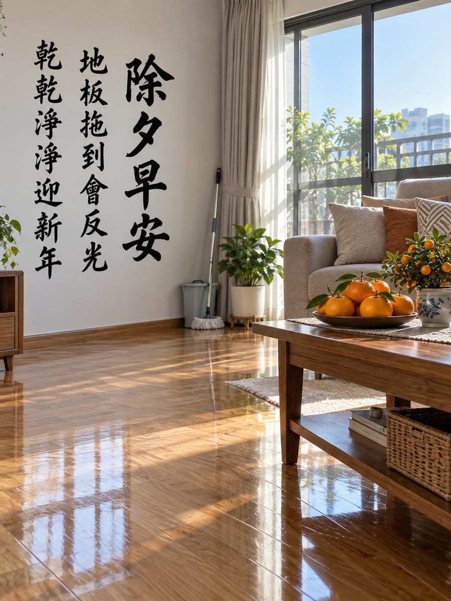 大掃除後的客廳。圖中文字：除夕早安，地板拖到會反光，乾乾淨淨迎新年