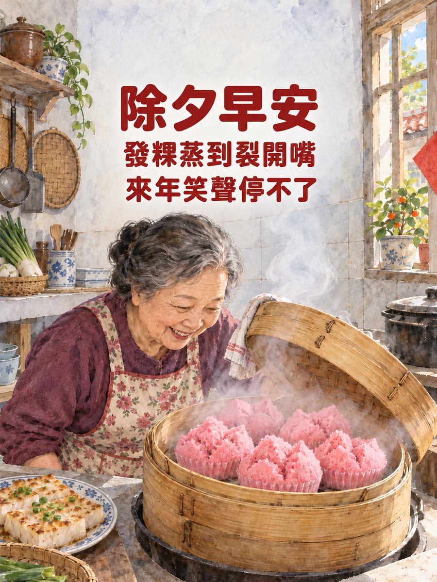 蒸籠裡的發粿。圖中文字：除夕早安，發粿蒸到裂開嘴，來年笑聲停不了