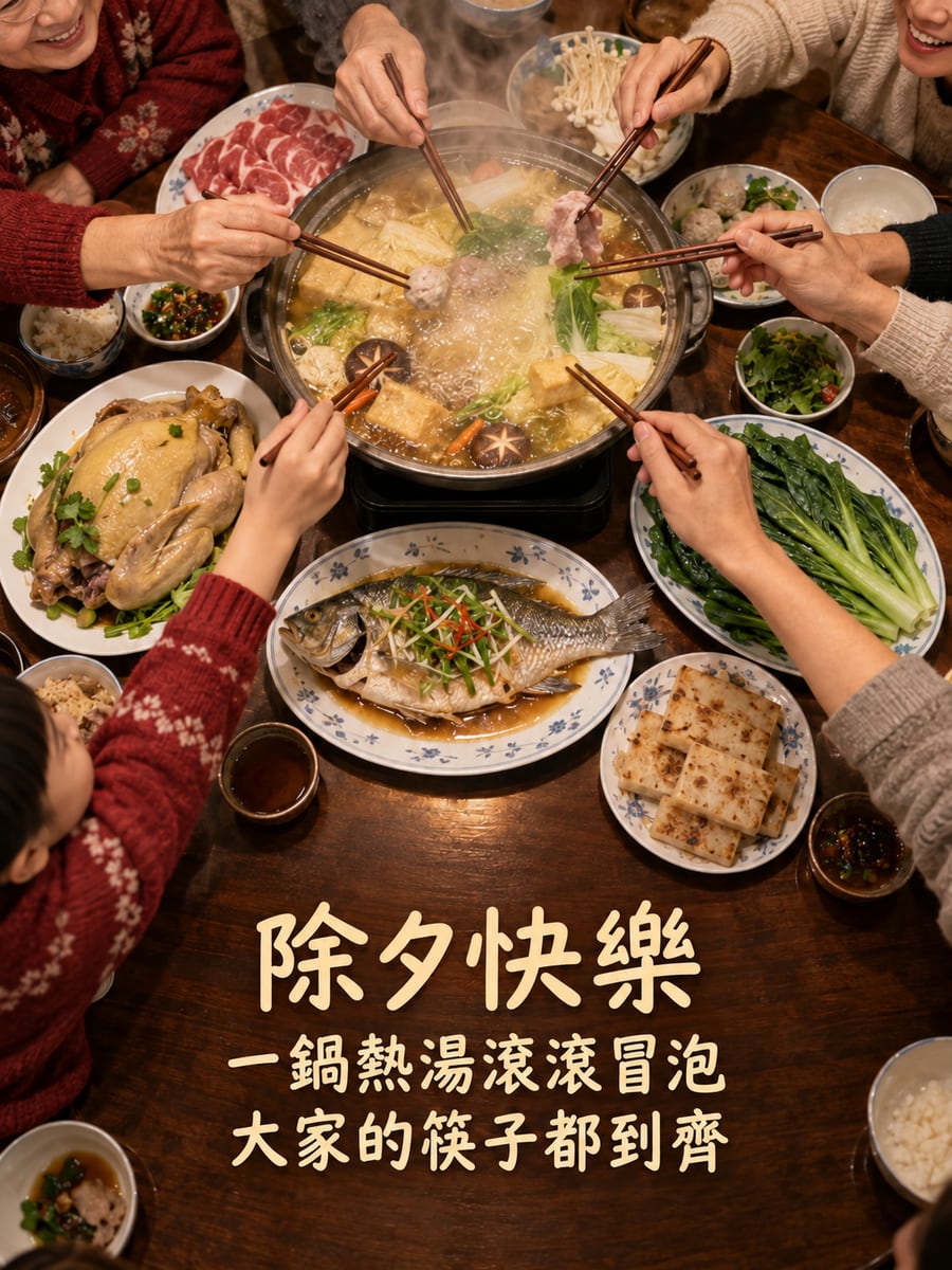 圍爐火鍋。圖中文字：除夕快樂，一鍋熱湯滾滾冒泡，大家的筷子都到齊