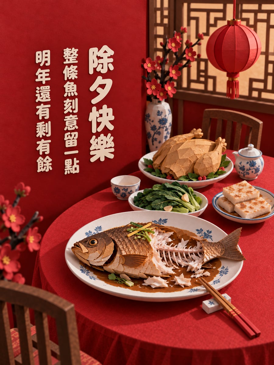 留一點的年年有魚。圖中文字：除夕快樂，整條魚刻意留一點，明年還有剩有餘