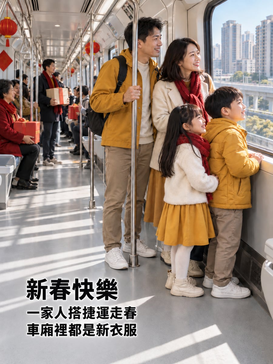 搭捷運去走春。圖中文字：新春快樂，一家人搭捷運走春，車廂裡都是新衣服