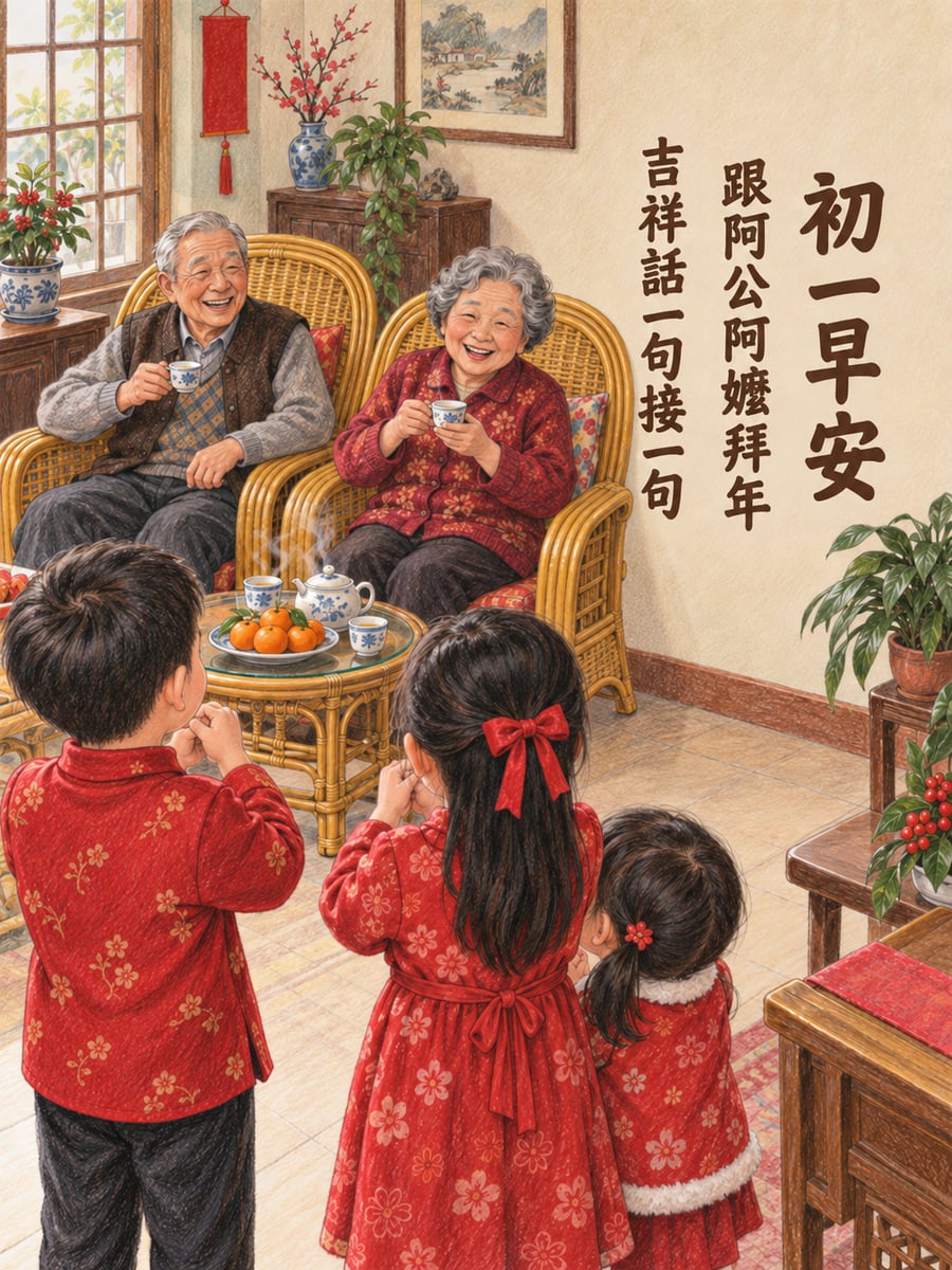 向阿公阿嬤拜年。圖中文字：初一早安，跟阿公阿嬤拜年，吉祥話一句接一句