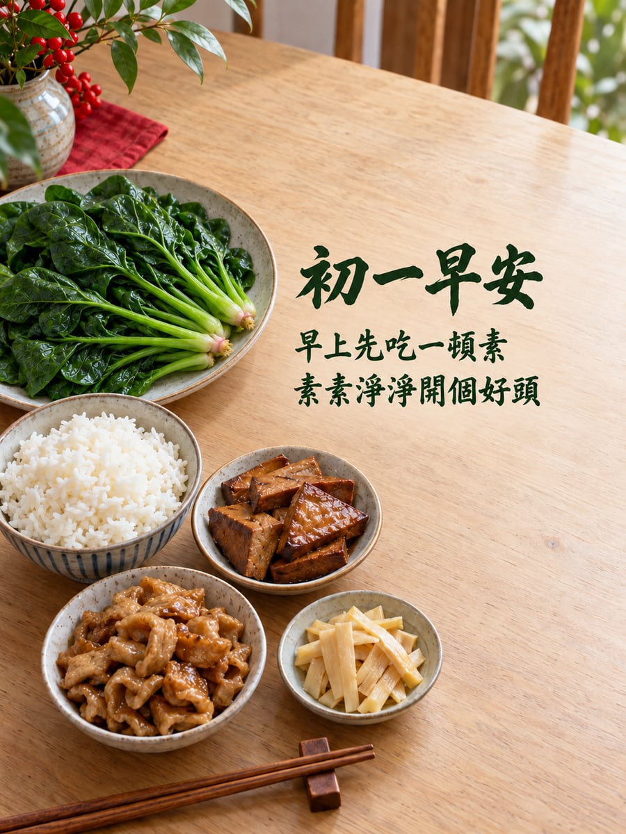 初一早齋。圖中文字：初一早安，早上先吃一頓素，素素淨淨開個好頭