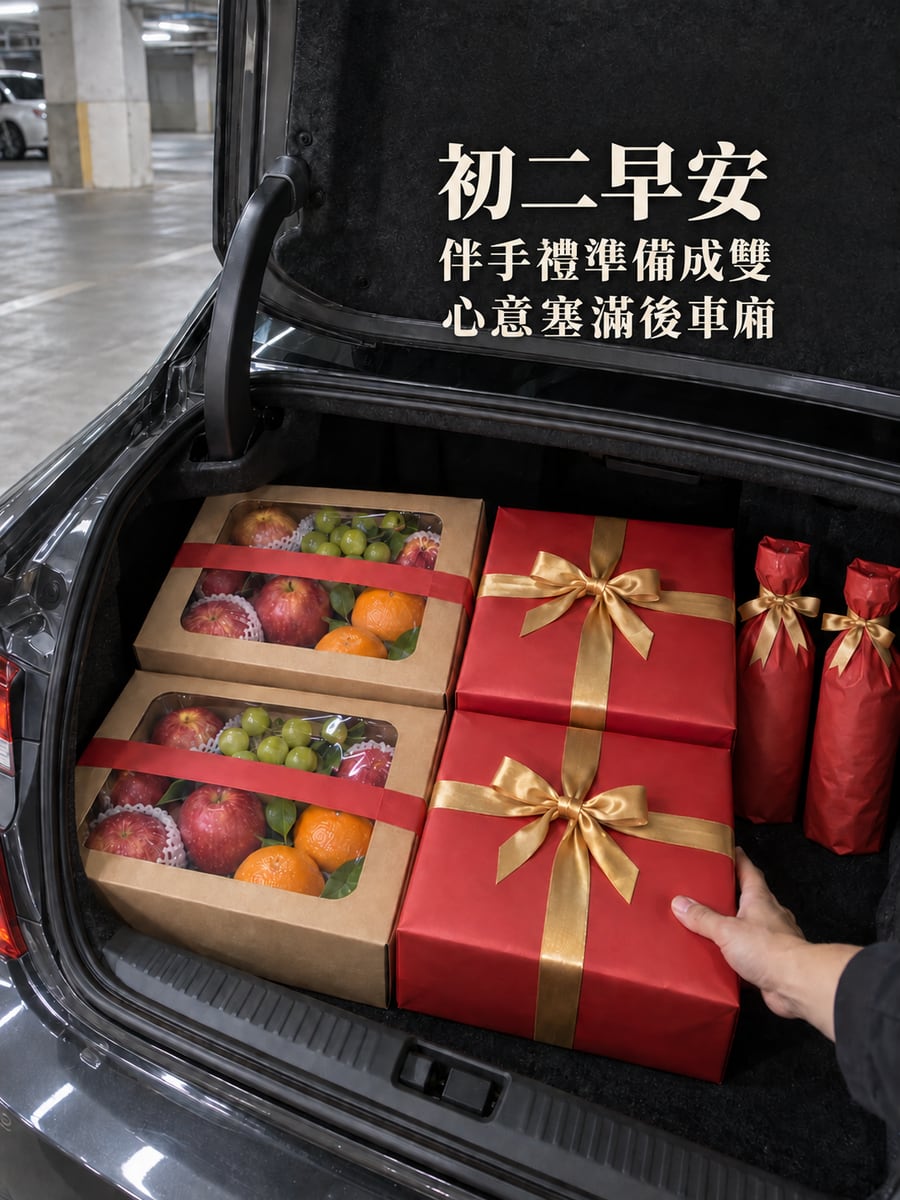 後車廂的伴手禮。圖中文字：初二早安，伴手禮準備成雙，心意塞滿後車廂