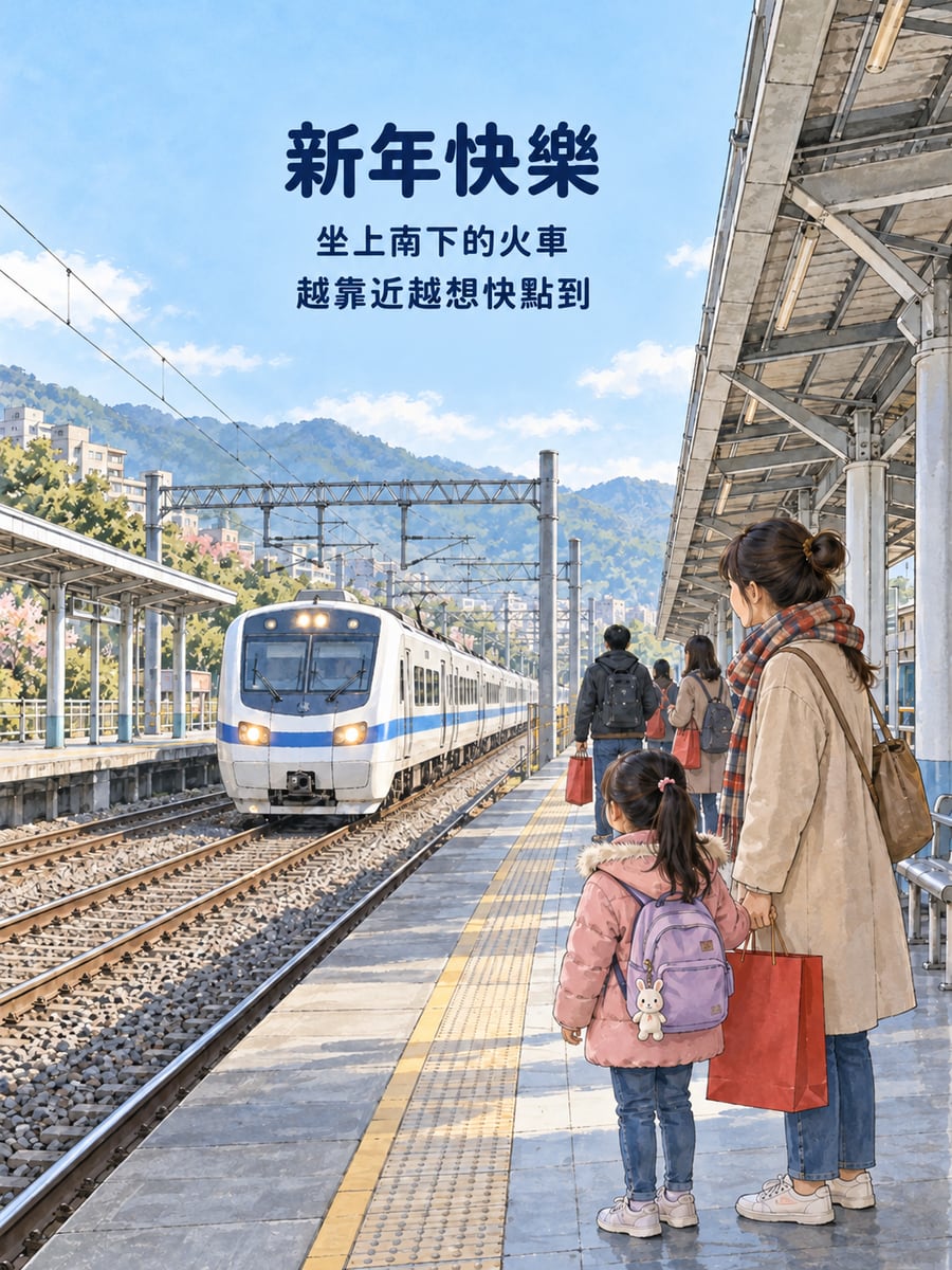月台上的回娘家。圖中文字：新年快樂，坐上南下的火車，越靠近越想快點到