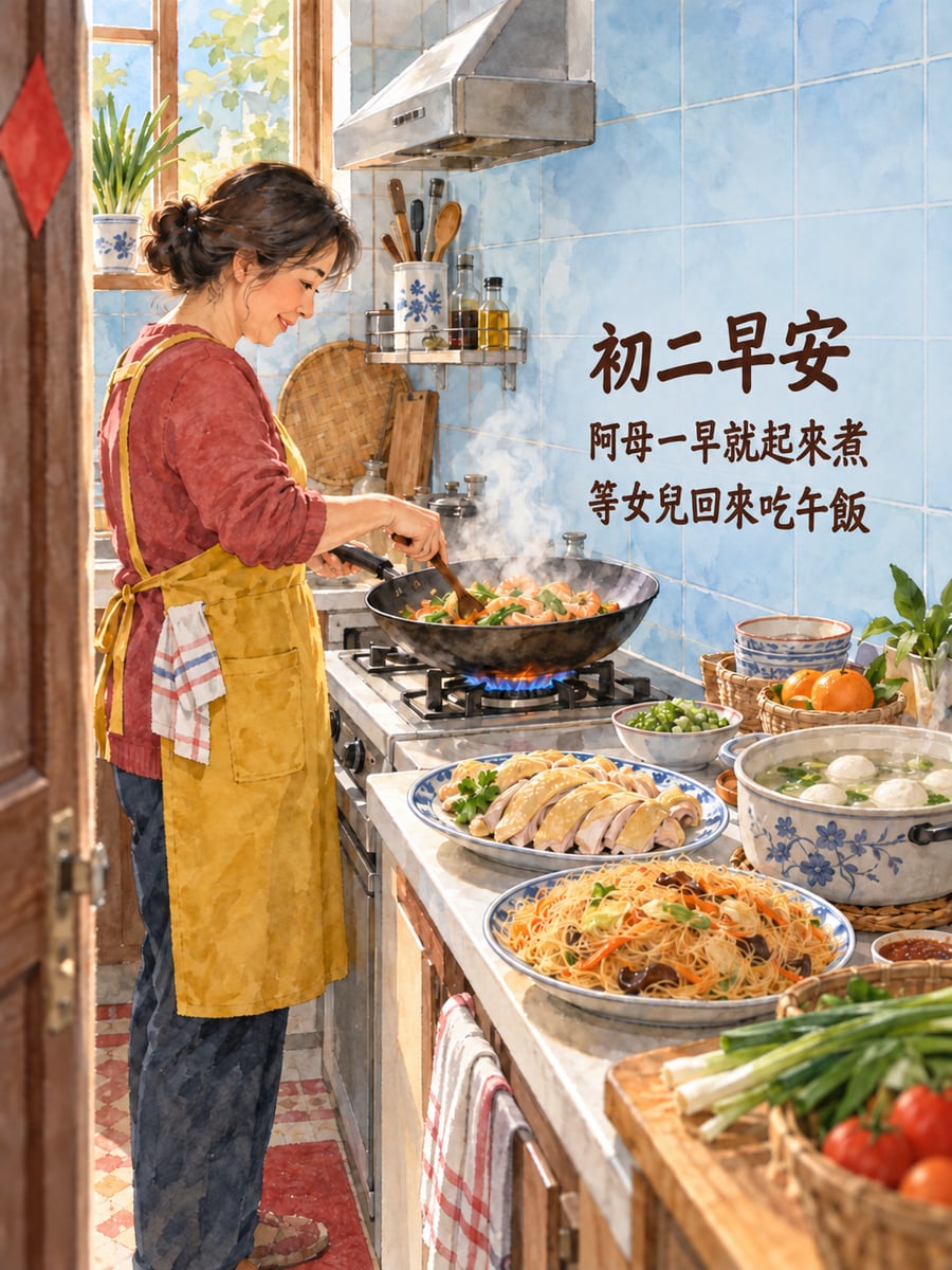 阿母煮一桌。圖中文字：初二早安，阿母一早就起來煮，等女兒回來吃午飯