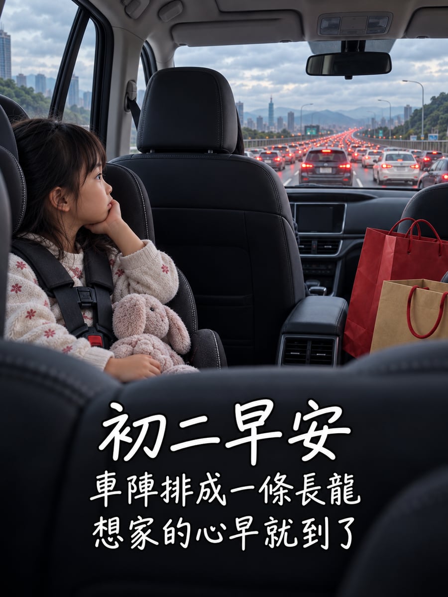回娘家塞在路上。圖中文字：初二早安，車陣排成一條長龍，想家的心早就到了