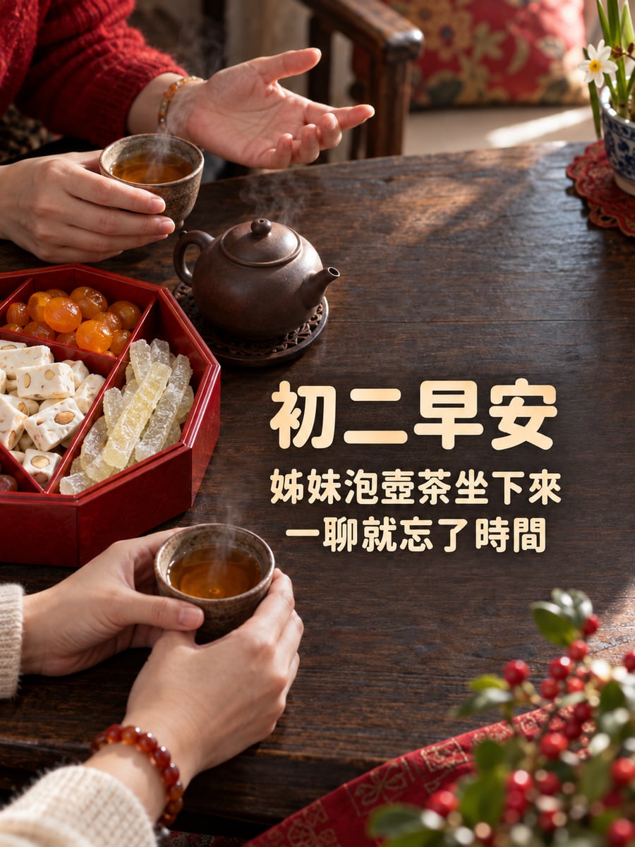 姊妹泡茶聊天。圖中文字：初二早安，姊妹泡壺茶坐下來，一聊就忘了時間