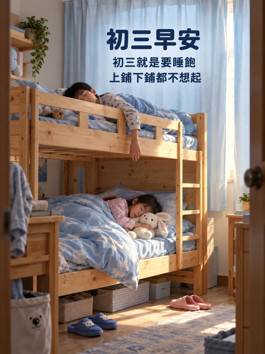 上下鋪睡飽飽。圖中文字：初三早安，初三就是要睡飽，上鋪下鋪都不想起