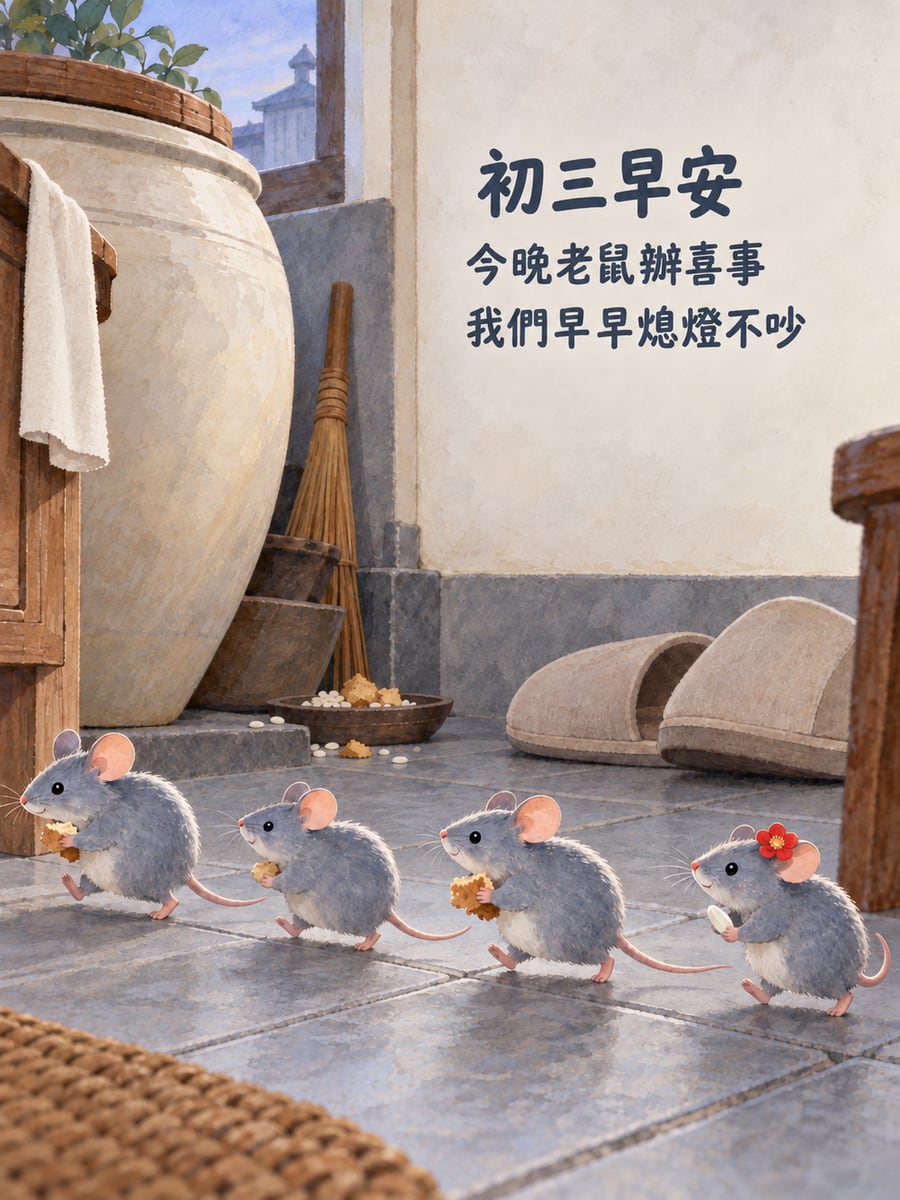 老鼠娶親的米粒。圖中文字：初三早安，今晚老鼠辦喜事，我們早早熄燈不吵
